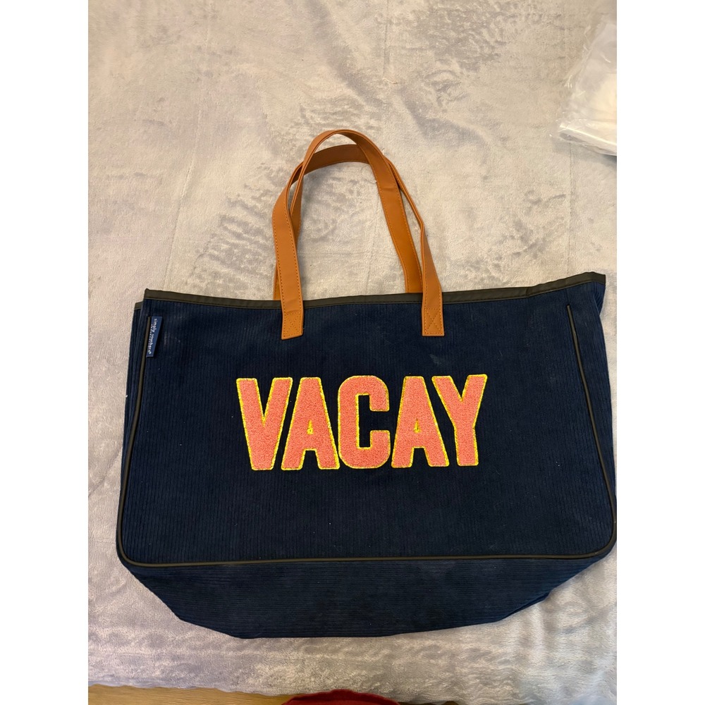 Simply Southern Navy Corduroy Vacay Tote Bag Chenille Patch Tan Handles Large